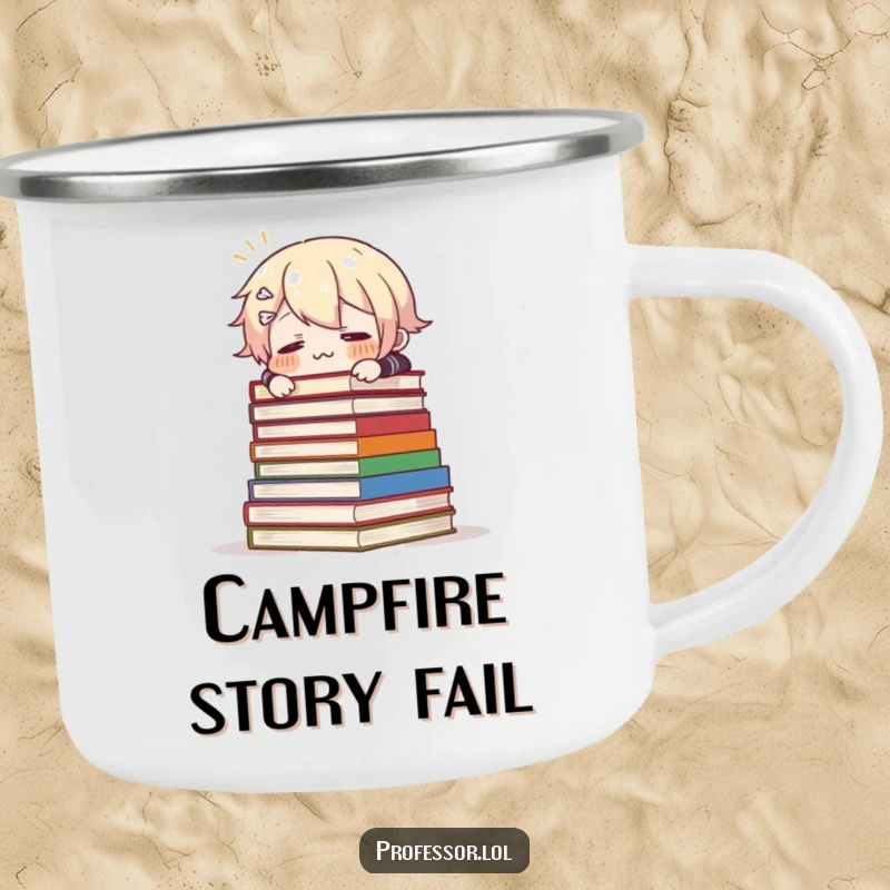 Funny camping mug with a character comically tripping over books, perfect for outdoor readers and adding humor to adventures.