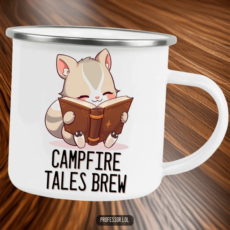 Funny camping mug with a cute animal character engrossed in reading a thick, ancient-looking book, perfect for outdoor reading and beverages.