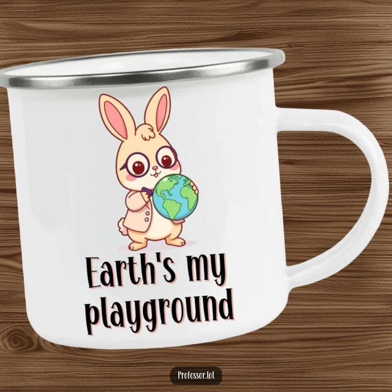 Funny Kawaii rabbit professor camping mug, playful scholar balancing a globe on its nose, durable and humorous outdoor drinkware, great gift.