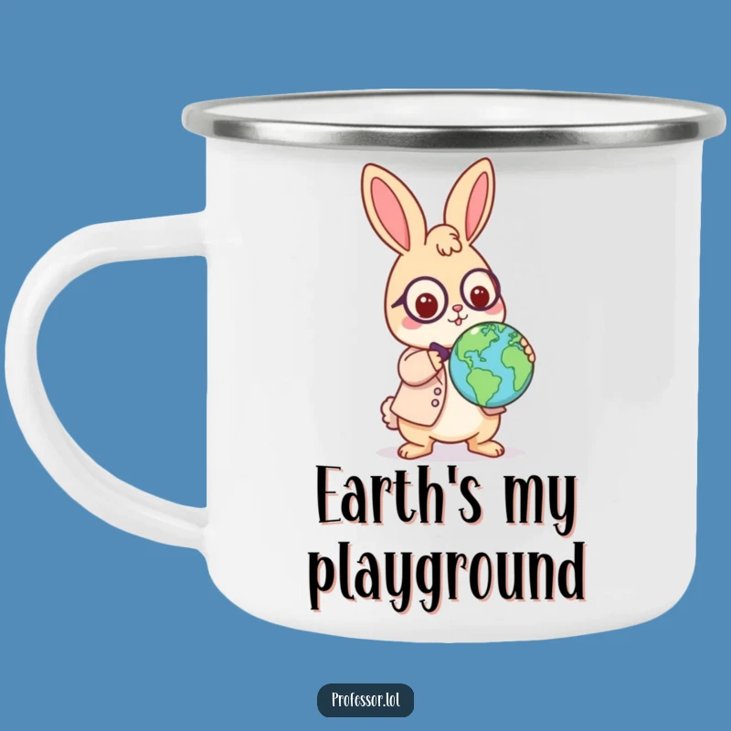 Funny Rabbit Professor Camping Mug: Playful Globe Balance, Outdoor Gift