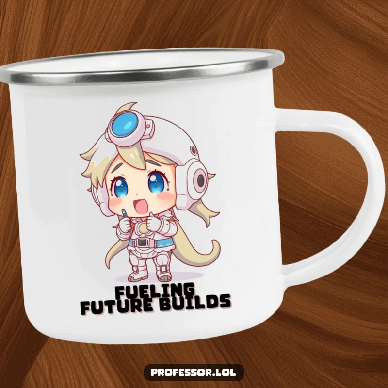 Funny camping mug showing a character admiring complex models, built for outdoor enthusiasts.