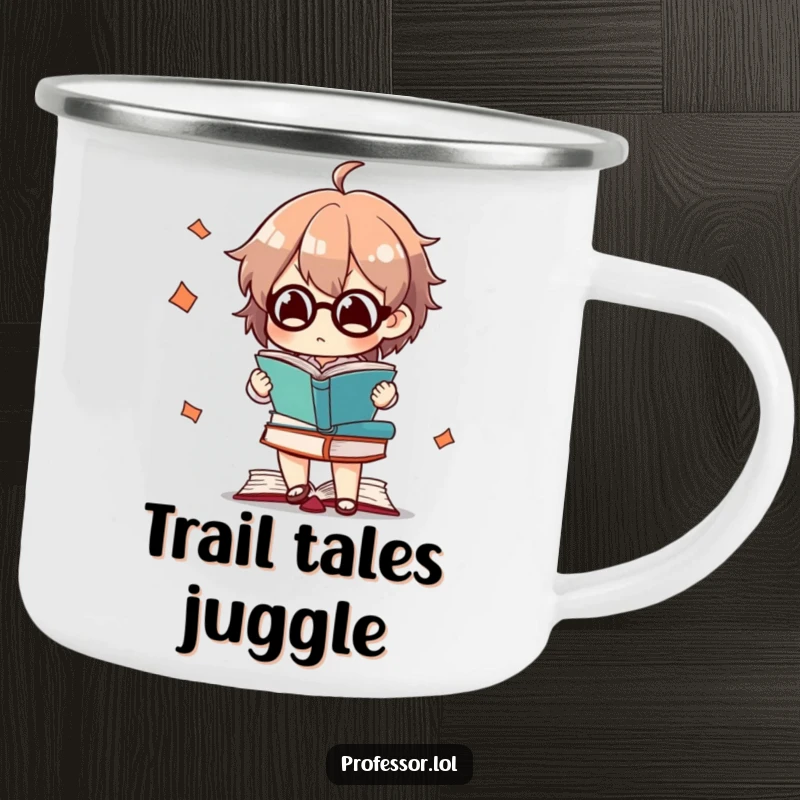 Funny cat camping mug of a character intensely juggling books, ready for outdoor reading adventures.