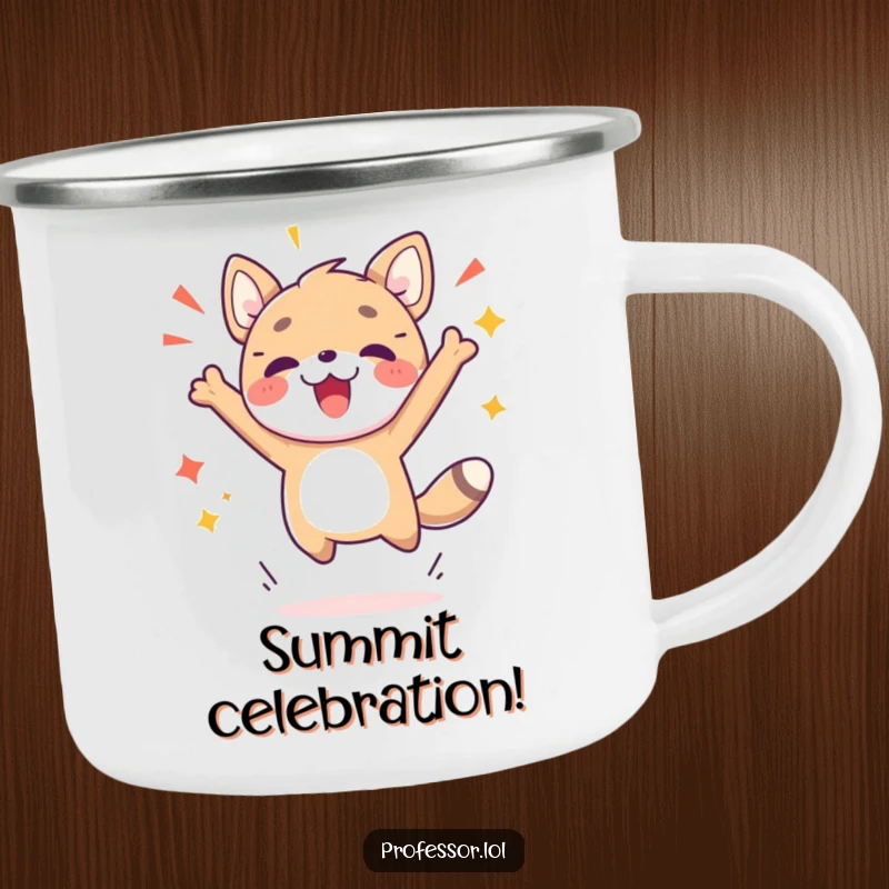 Funny camping mug featuring a cute animal character mid-jump, celebrating a breakthrough or success, ideal for outdoor enjoyment.