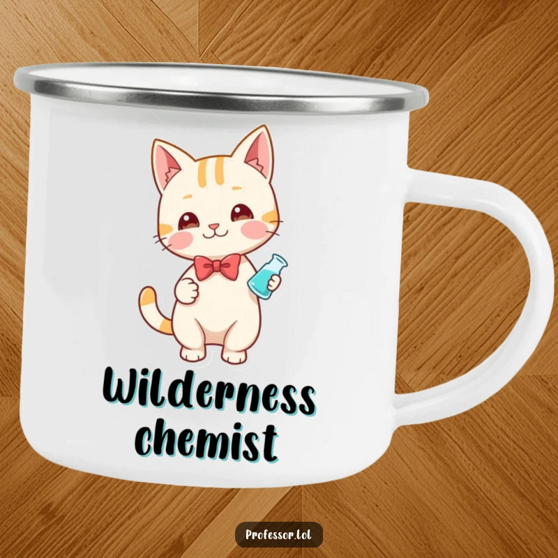 Funny camping mug of a playful cat wearing a bow tie, holding a small beaker, looking like a scientist in the wild.