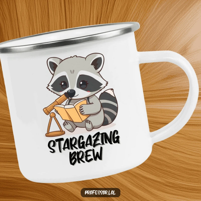 Funny camping mug of a curious raccoon using a telescope to look at a book, nestled in nature.