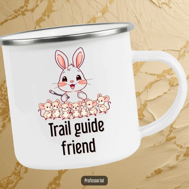 Funny camping mug of a cheerful rabbit character teaching a class of tiny mice, ideal for campfire lessons.
