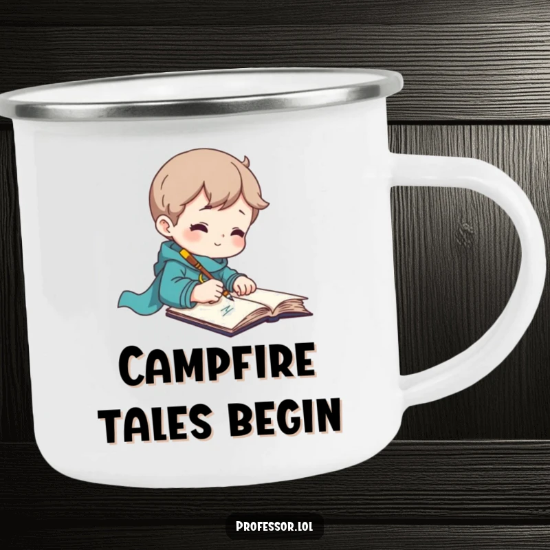 Funny camping mug with an inspired character writing with a quill, built for outdoor writers.