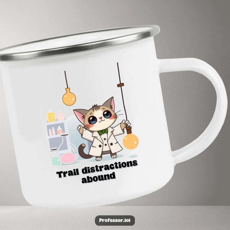 Funny Cat Professor Camping Mug: A curious cat professor bats at a dangling pendulum in a laboratory, a durable and hilarious mug for campers.