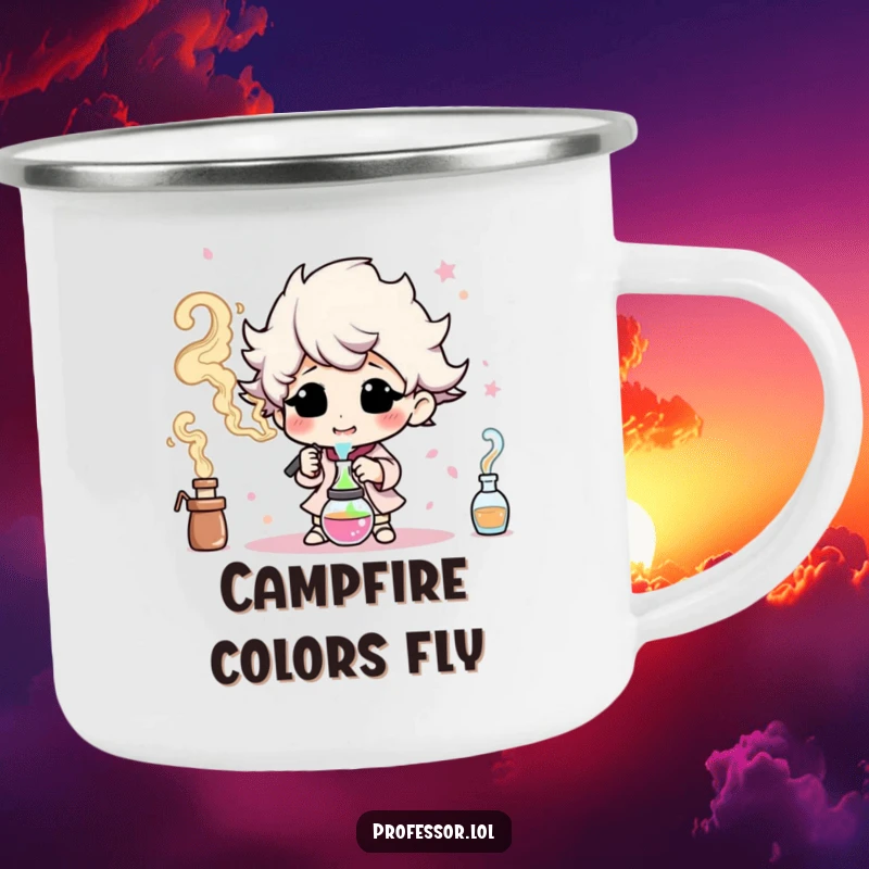 Funny experiment camping mug featuring a character happily creating colorful smoke, perfect for outdoor drinks and artistic humor.