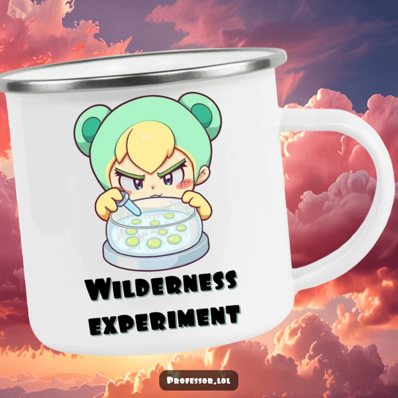 Funny scientist camping mug featuring a determined character curiously examining a petri dish, perfect for outdoor drinks and intellectual humor.