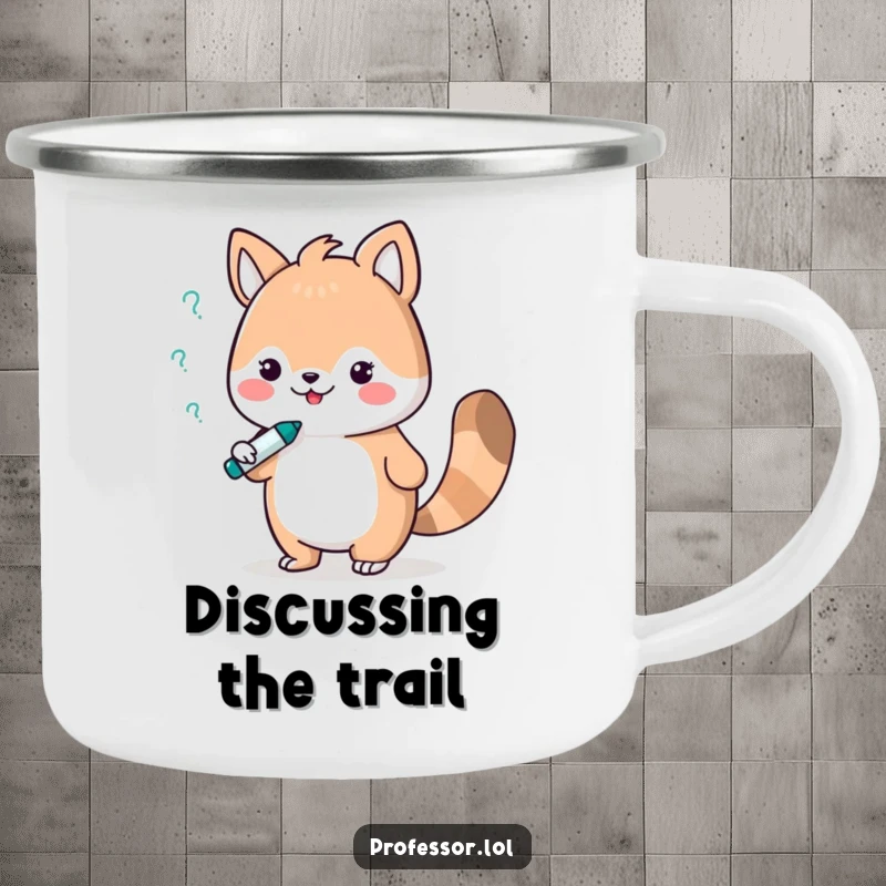 Funny camping mug showcasing a cute animal character in a playful debate with a whiteboard marker, designed for outdoor use with a witty theme.