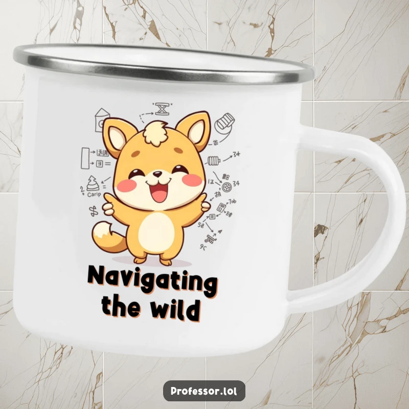 Funny kawaii animal character joyfully pointing at a complex diagram with a wide smile, a humorous camp mug for thinkers. Rugged and smart.