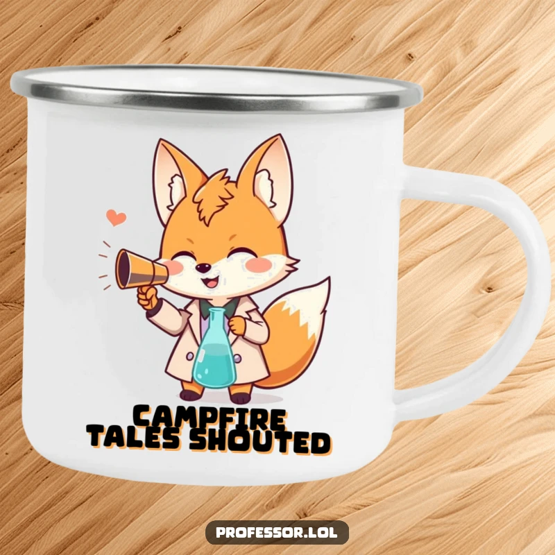Funny Kawaii fox professor camping mug, giggling scholar with beaker megaphone, durable and humorous outdoor drinkware, great gift.