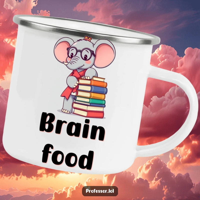 Funny Kawaii elephant professor balancing books on a rustic camping mug, ready for adventure and learning.