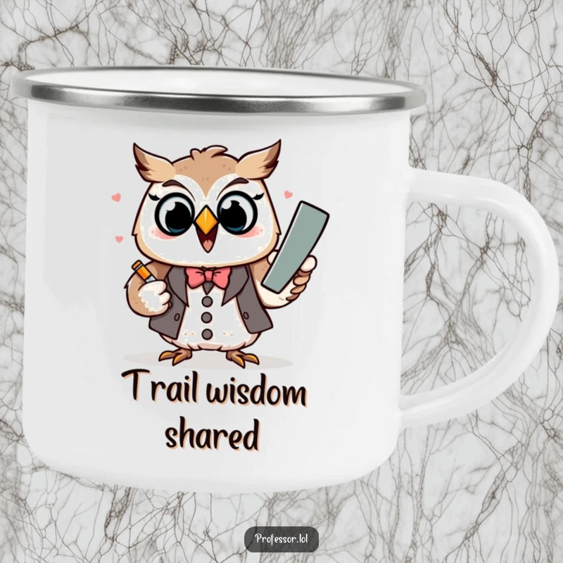 Funny Kawaii owl professor character excitedly explaining with chalk, printed on a sturdy camping mug.