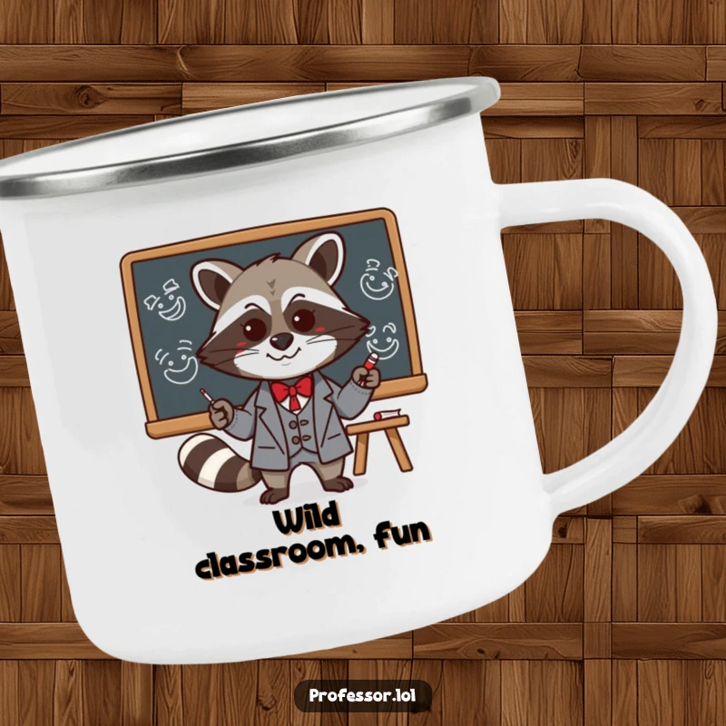 Funny Kawaii raccoon professor drawing silly faces on a blackboard, on a durable and humorous camping mug, perfect for outdoor enjoyment.