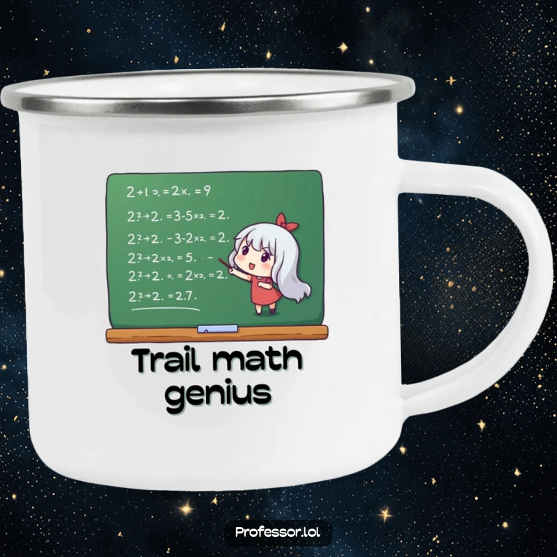 Funny cat camping mug of a character pointing to math equations on a chalkboard, ready for outdoor problem-solving.