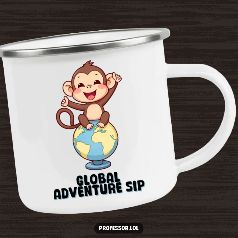 Funny monkey balancing on a globe, exploring the outdoors on this camping mug.