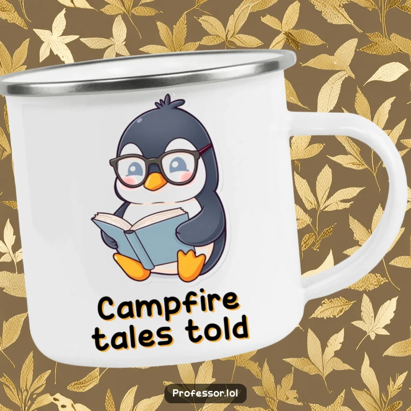 Funny Penguin Bookworm Camping Mug: Chubby penguin wearing spectacles reads a thick book, durable and fun for outdoor reading.
