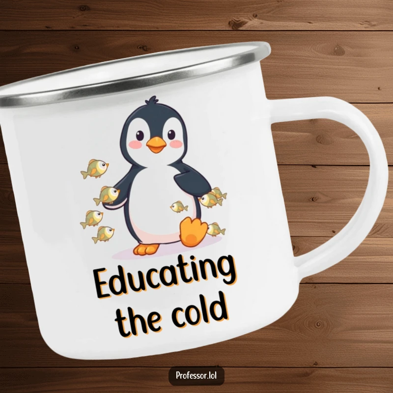 Funny camping mug with a playful penguin lecturing tiny fish, durable and humorous for outdoor lovers.