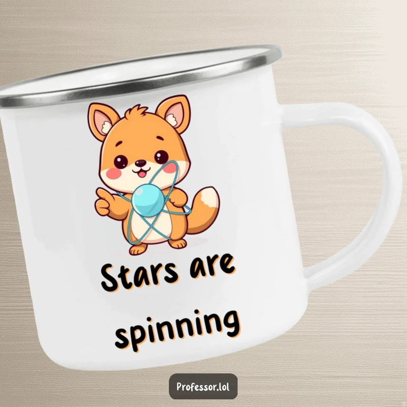 Funny camping mug with a cute animal character excitedly pointing at a spinning atom model, perfect for outdoor contemplation and beverages.