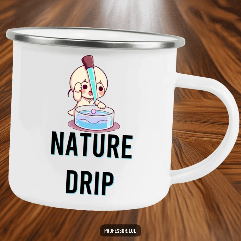 Funny cat camping mug of a character playfully using a pipette on a petri dish, ready for outdoor science.