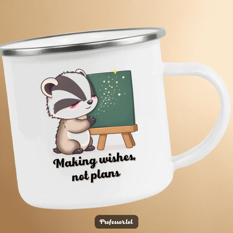 Funny Camping Mug featuring a sleepy badger sprinkling stardust on a blackboard, perfect for enjoying beverages outdoors with magic.
