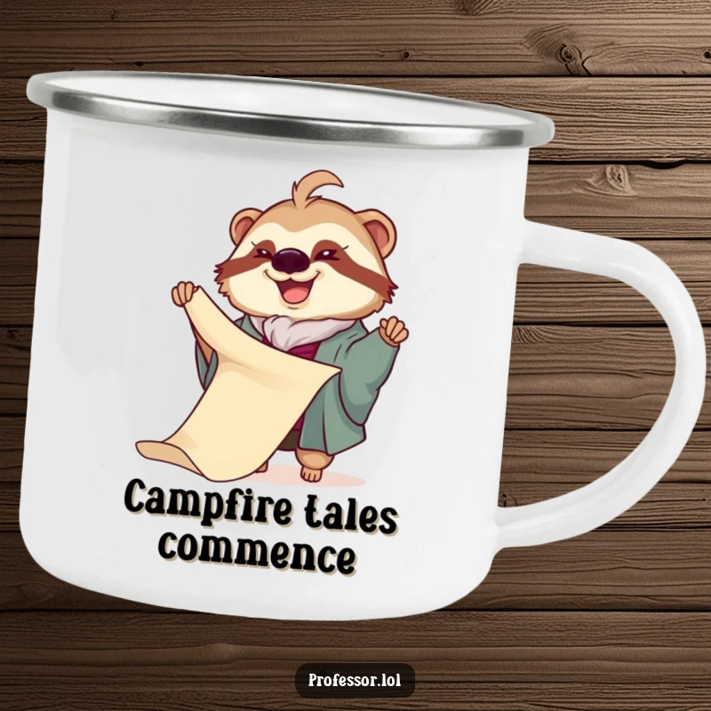 Funny Sloth Professor Camping Mug: A joyful sloth professor slowly unfurls a very long scroll, a durable and hilarious mug for campers.
