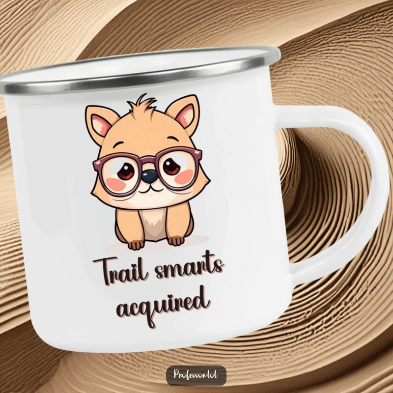 Funny camping mug with a cute animal character wearing spectacles, ready for outdoor adventures with a comical look.