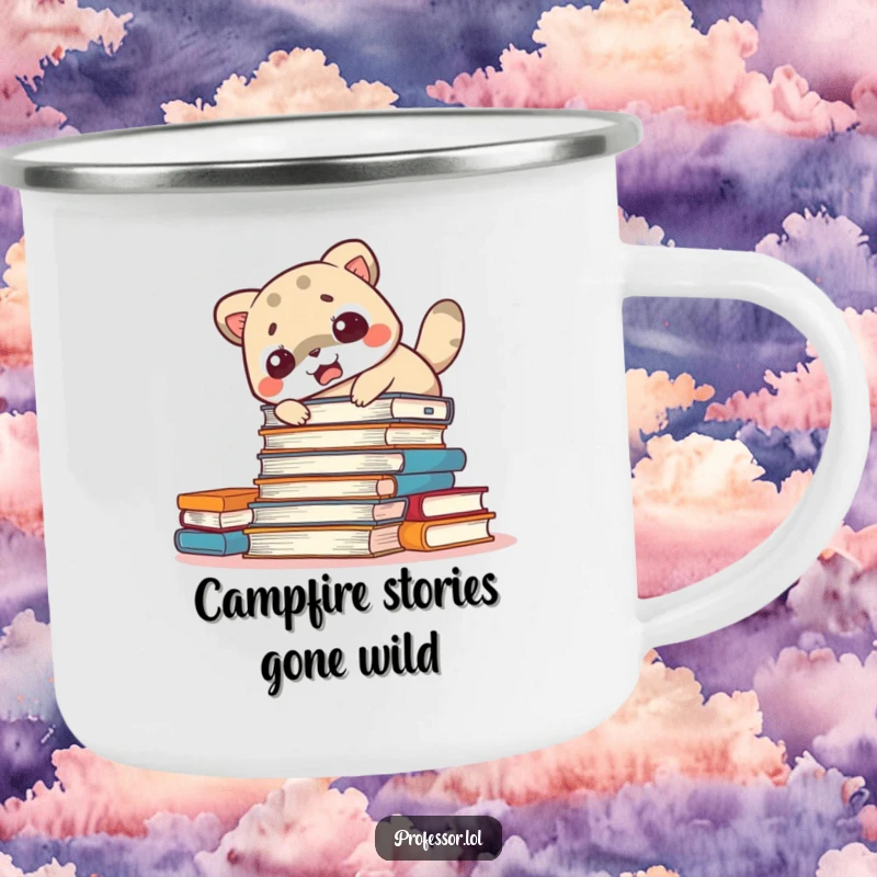 Funny startled animal camping mug depicting a cute character surprised by a tumble of books, perfect for outdoor literary fun.