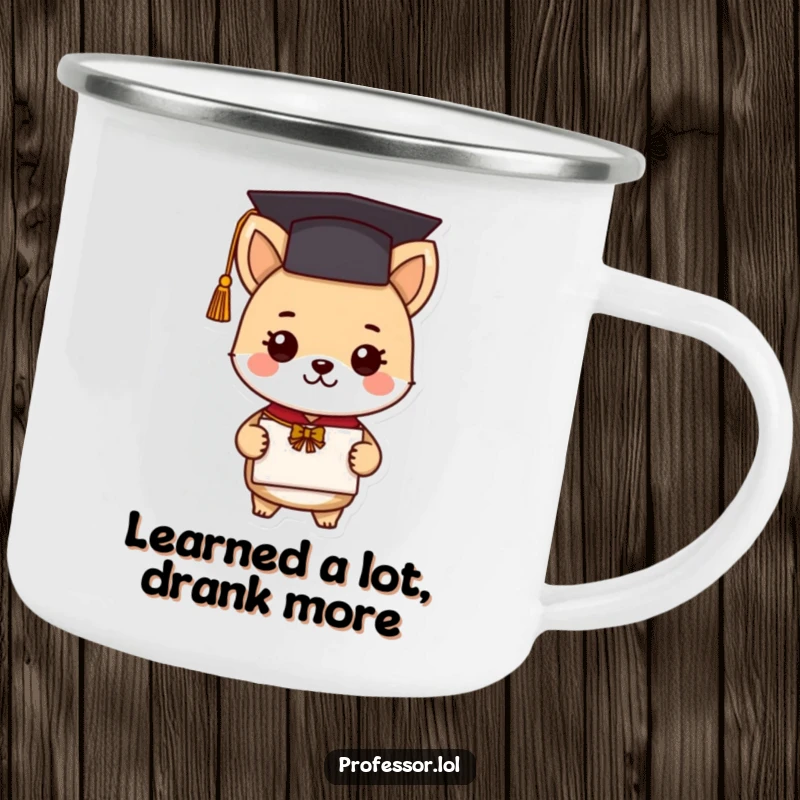 Funny graduation animal camping mug of a cute scholar character enjoying a drink, perfect for outdoor adventures and celebrating academic success.