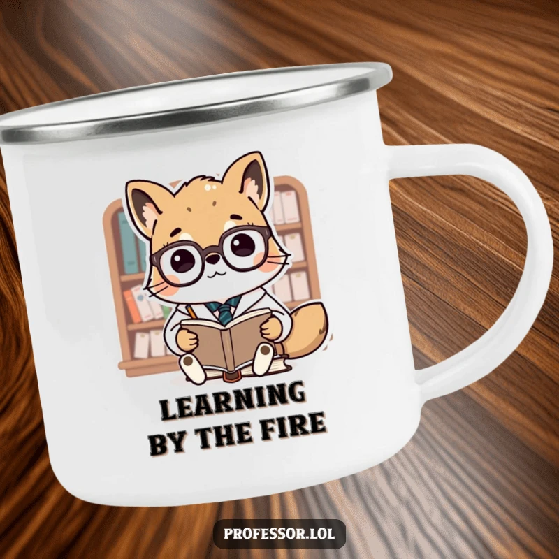 Funny Animal Professor Camping Mug: An enamel mug featuring a cute professor animal teaching tiny books, ready for outdoor study sessions.