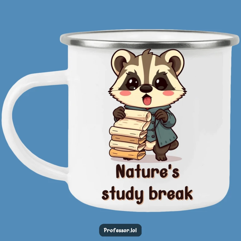 Funny Badger Professor Camping Mug: Outdoor Scholar Dropping Scrolls, Gift