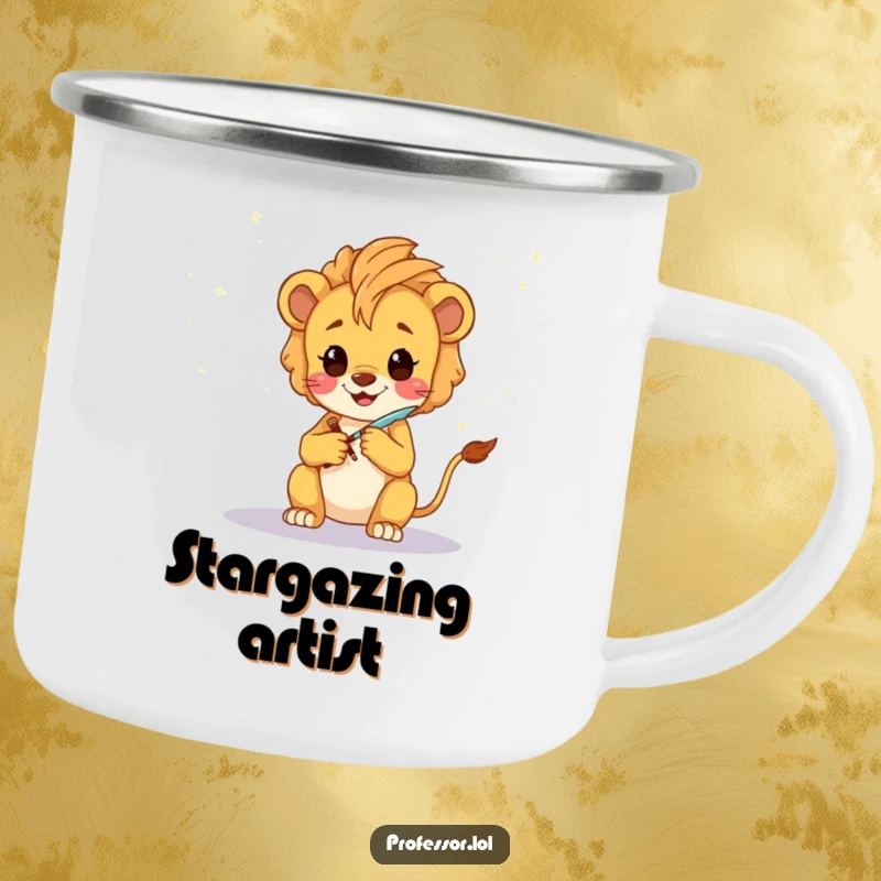 Funny Lion Cub Artist Camping Mug: A happy Kawaii lion cub sketching a fantastical galaxy with a glowing quill, for outdoor artists.