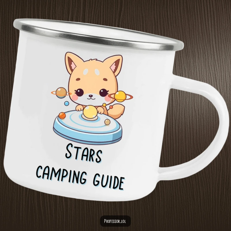 Funny cute animal character studying a model of the solar system, durable enamel camping mug.