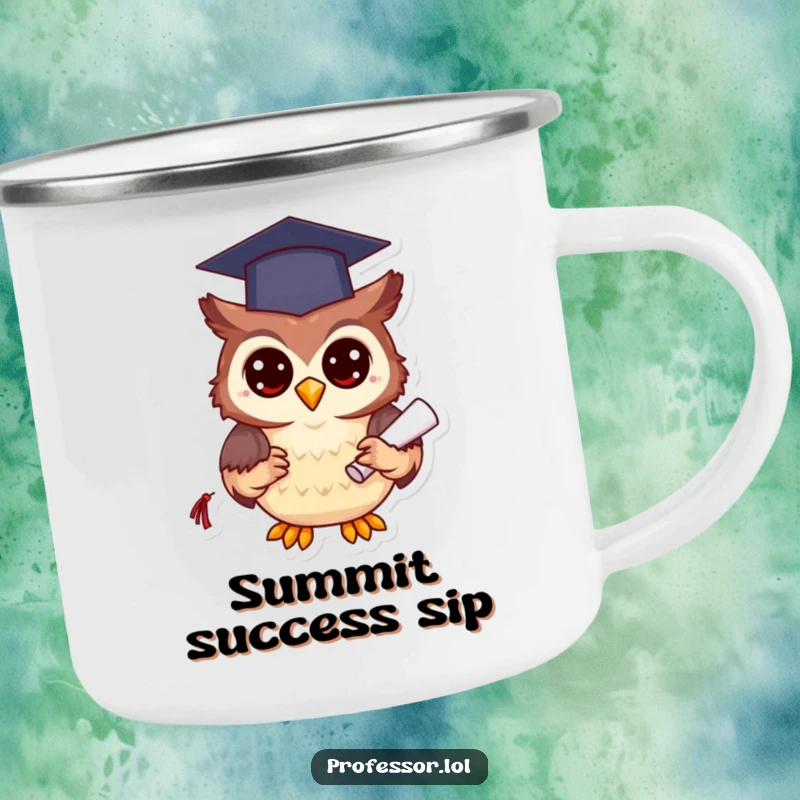 Funny owl with graduation cap and diploma, celebrating wisdom outdoors on this camping mug.