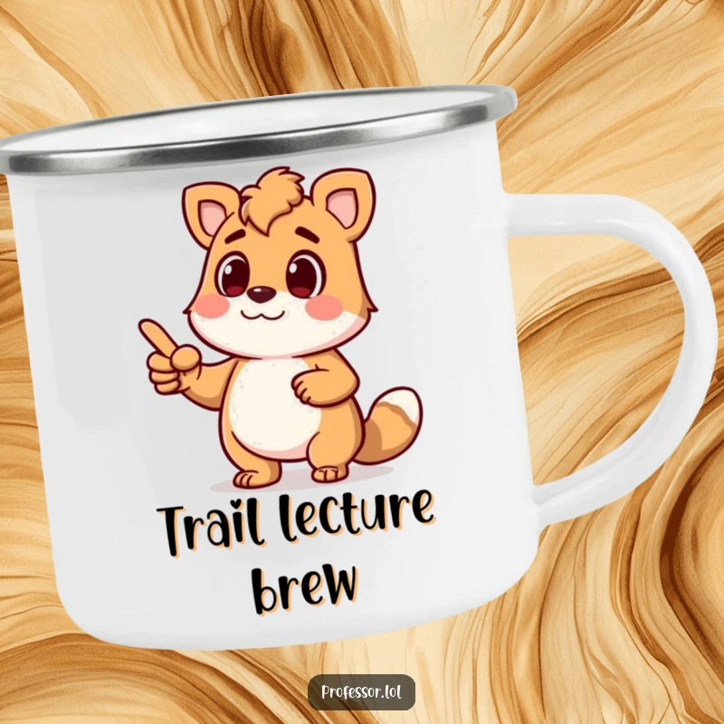 Funny camping mug featuring a determined animal character lecturing animatedly with a pointer, ideal for outdoor instruction and humorous drinks.