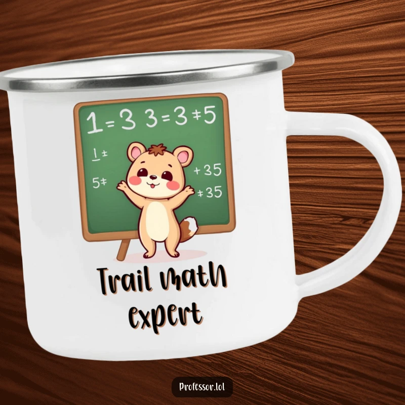 Cute animal enthusiastically gesturing towards a chalkboard equation on a sturdy camping mug.