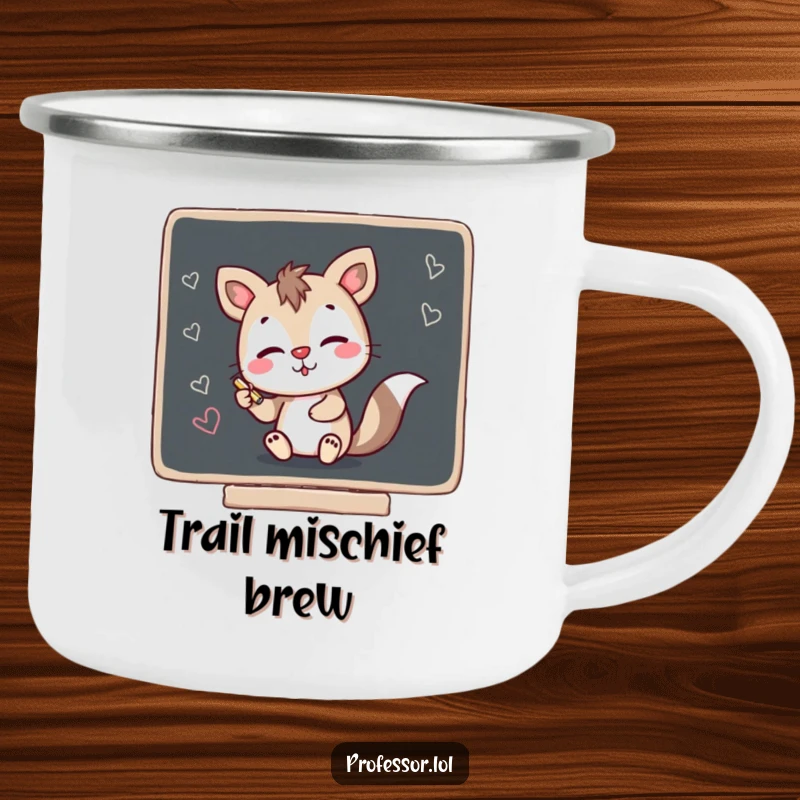 Funny camping mug featuring a mischievous animal character scribbling on a blackboard with chalk, ideal for outdoor fun and humorous drinks.