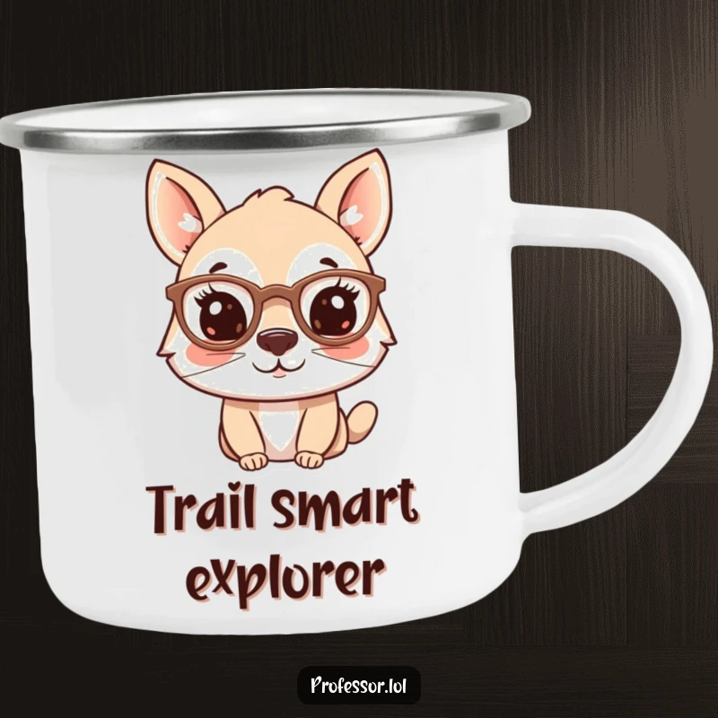 Funny camping mug featuring an animal character with spectacles perched on its nose, perfect for outdoor beverages and intellectual humor.