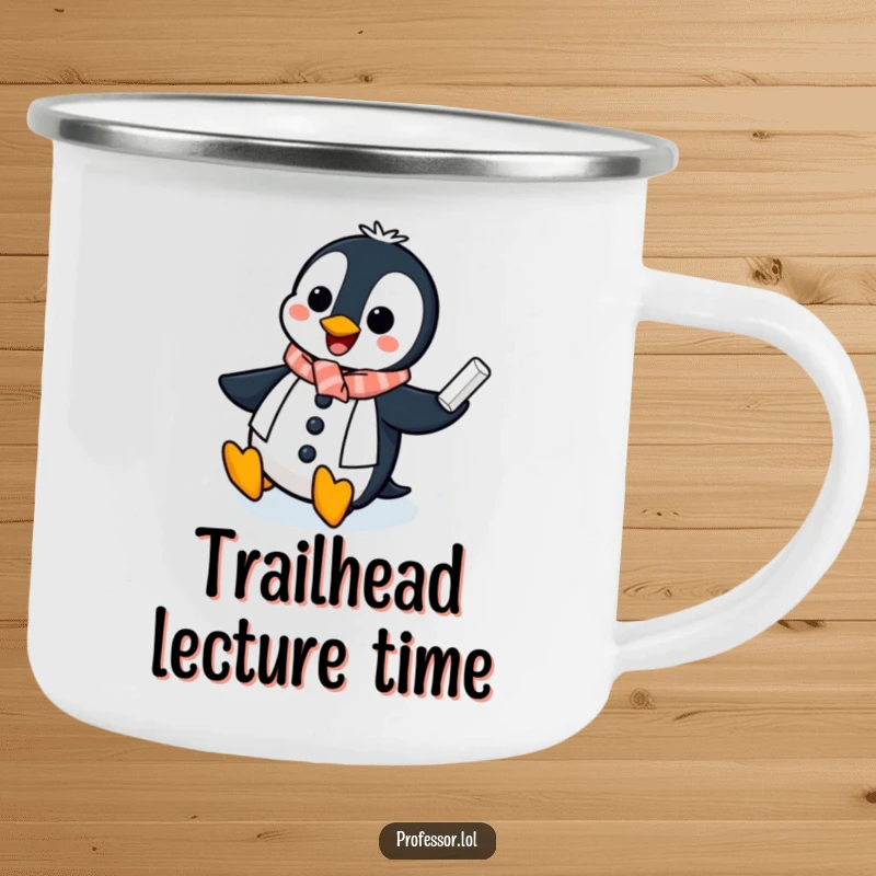 Funny Penguin Professor Camping Mug: A cheerful penguin slides on an icy chalkboard, a durable and hilarious mug for campers.
