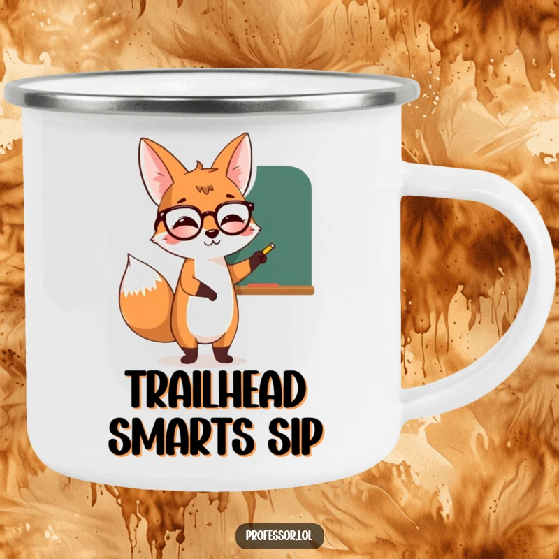Funny fox with glasses pointing at a chalkboard, sharing knowledge outdoors on this camping mug.