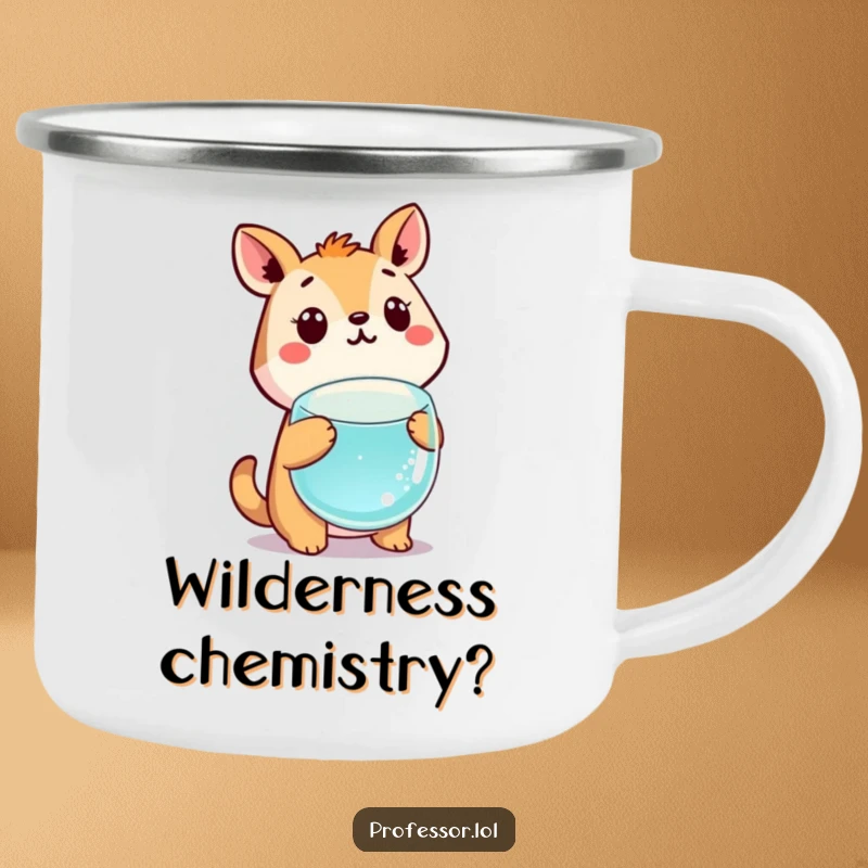 Funny cute animal character looking surprised at a floating science beaker, durable enamel camping mug design.