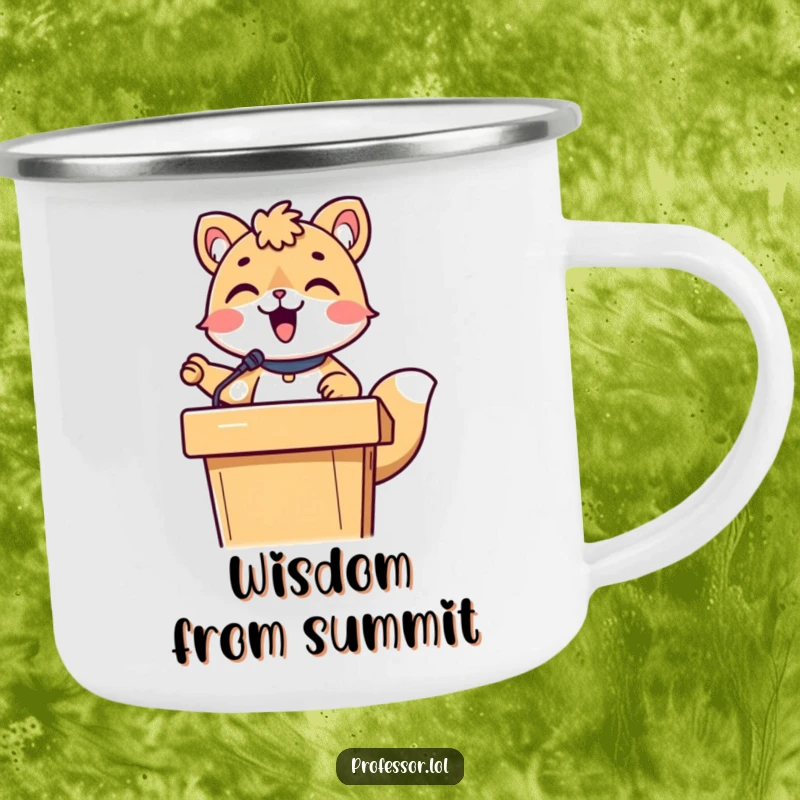 Funny cute animal character lecturing animatedly around a campfire, on a durable enamel camping mug.