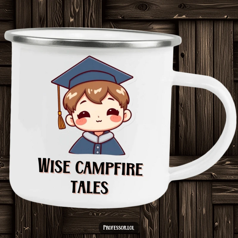 Funny Graduation Camping Mug: A character wears a graduation cap tilted jauntily, perfect for enjoying beverages outdoors.