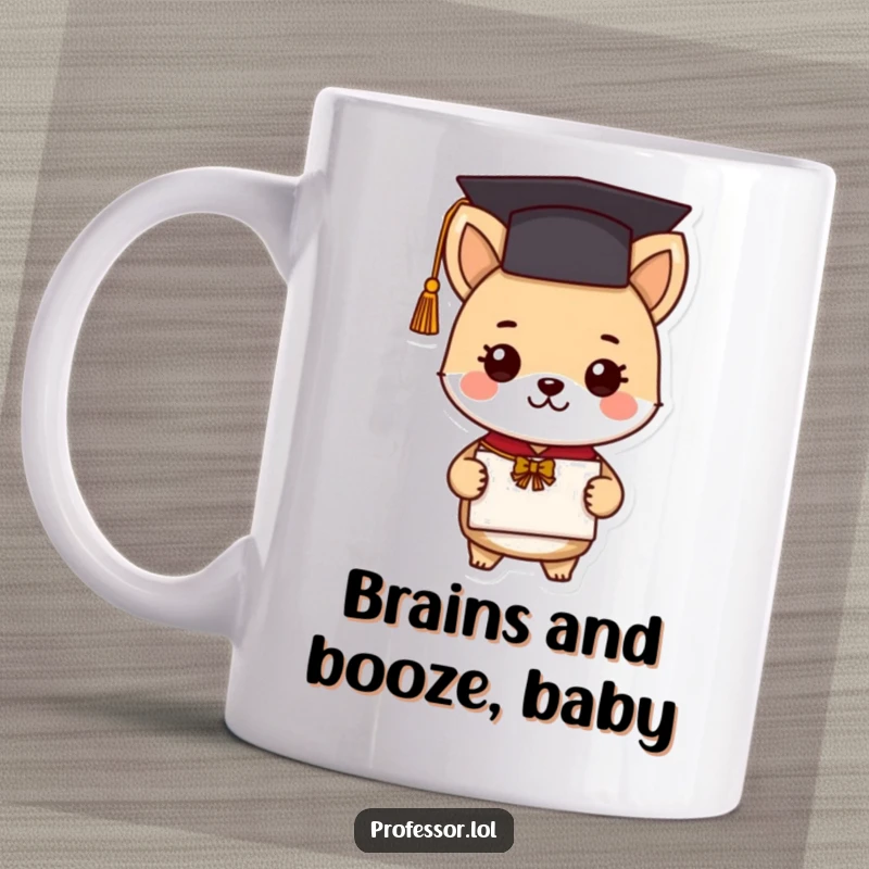 Funny graduation animal mug featuring a cute character in a cap holding diploma, celebrating academic success with a humorous and joyful expression.