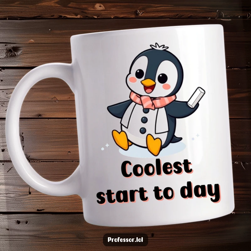 Funny Penguin Professor Mug: A cheerful penguin slides on an icy chalkboard with chalk, a hilarious depiction for coffee lovers.