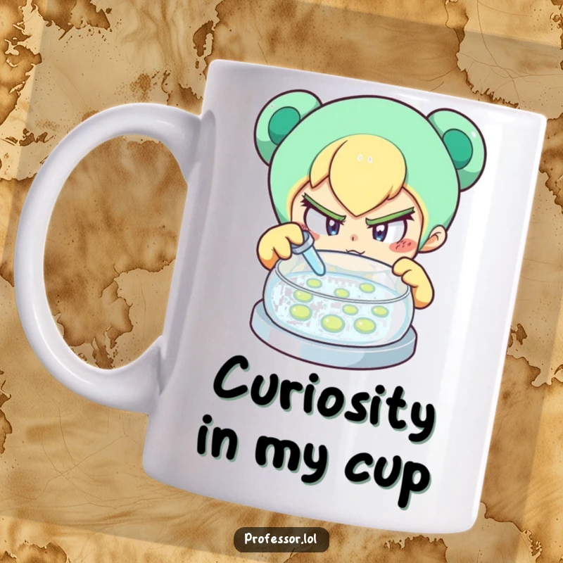Funny mug featuring a determined character with a curious expression examining a petri dish, celebrating scientific exploration.