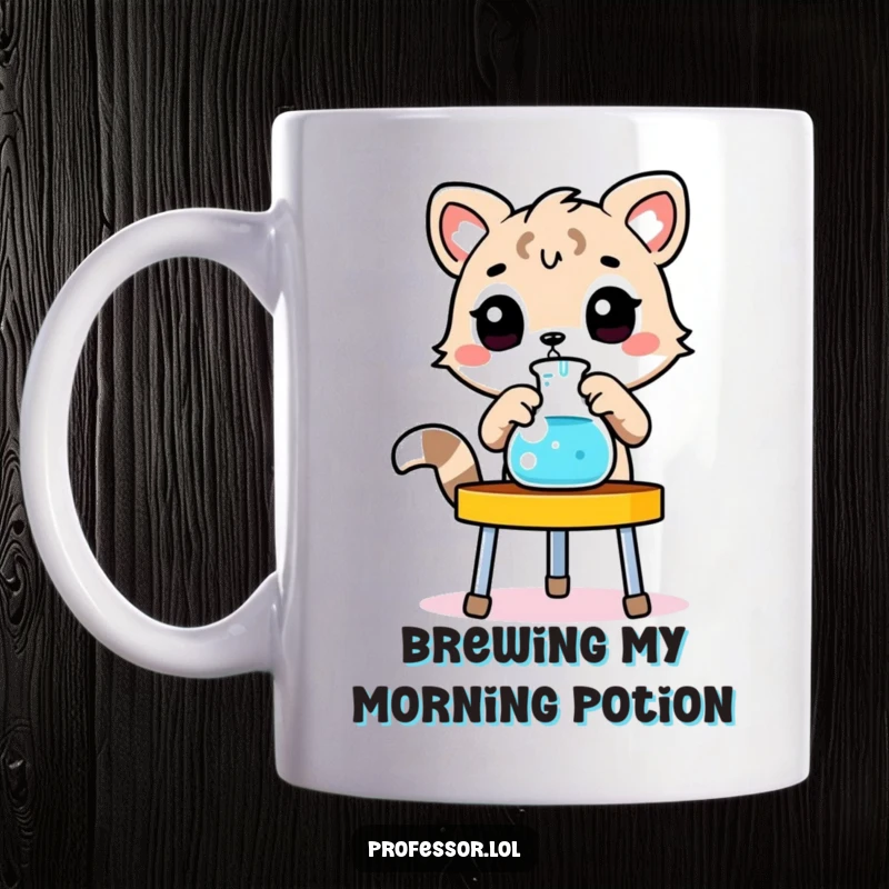 Funny animal character mug, adjusting beaker on lab stand, focused scientist, laboratory humor.