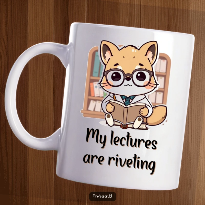 Funny Animal Professor Mug: A cute, bespectacled animal professor lectures earnestly to a small audience of attentive books.